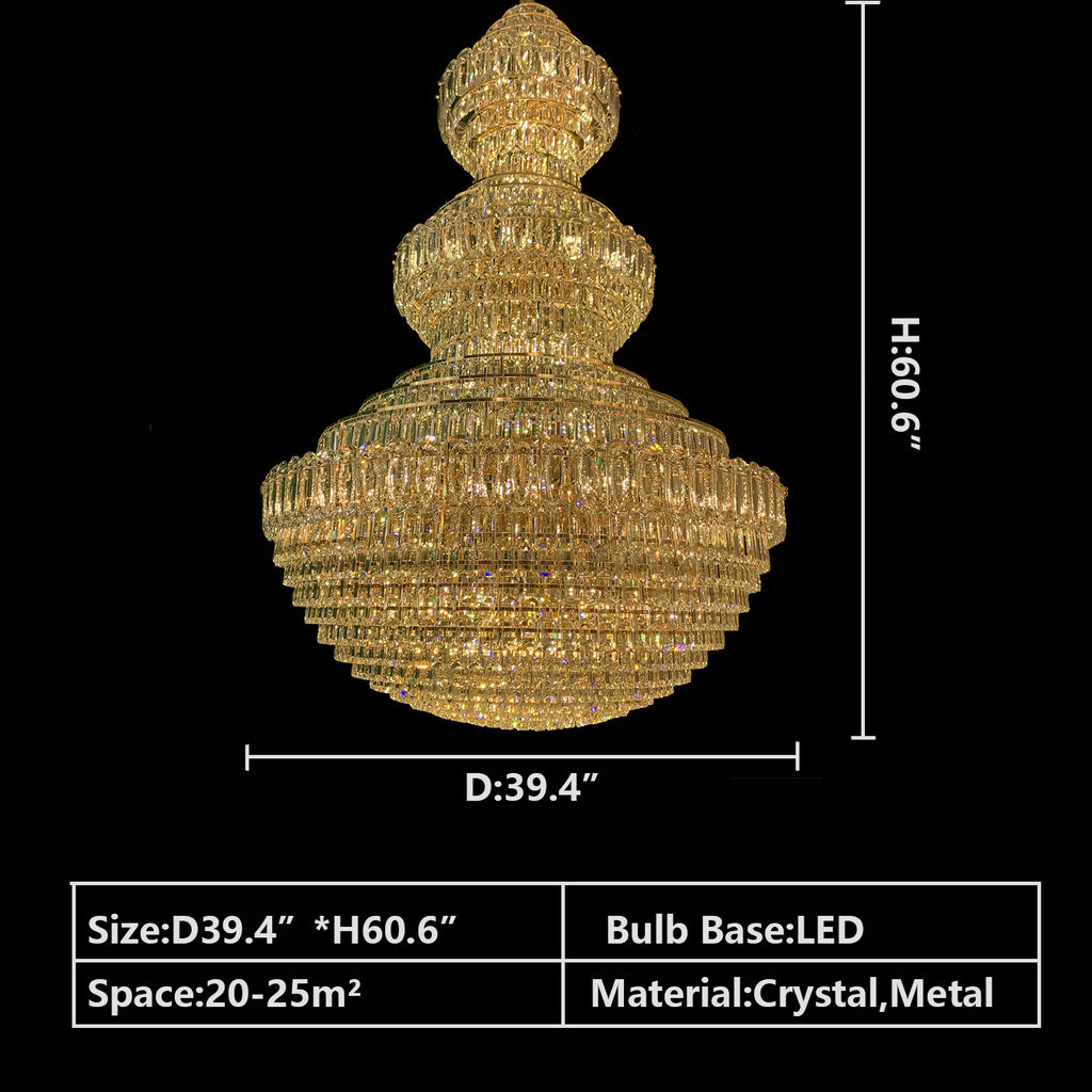 D39.4"*H60.6"  Extra Large Empire Multi-Tier Crystal Chandelier in Gold Finish for High-Ceiling Room   Multi-layers Luxury Crystal Chandelier Empire Round Light Fixture For High-ceiling Foyer/Hallway