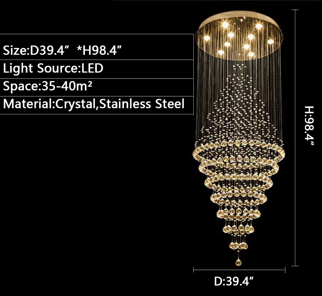 D39.4"*H98.4" extra large/oversize multi-tier ring golden chandelier light,modern crystal chandelier for living room/dining room/staircase/halllway/foyer villas,high floor,loft,duplex buildings.coffee shop, cafe,restaurant,shopping mall center.  Home decoration