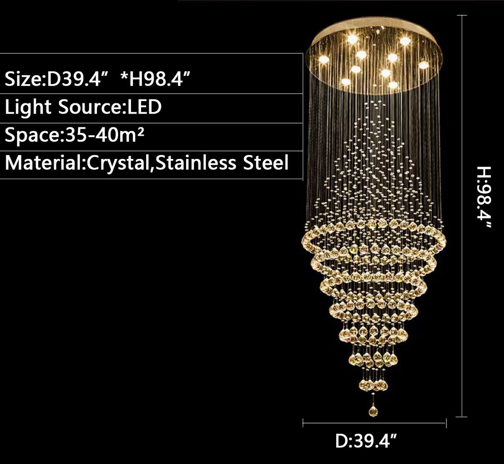 D39.4"*H98.4" extra large/oversize multi-tier ring golden chandelier light,modern crystal chandelier for living room/dining room/staircase/halllway/foyer villas,high floor,loft,duplex buildings.coffee shop, cafe,restaurant,shopping mall center.  Home decoration