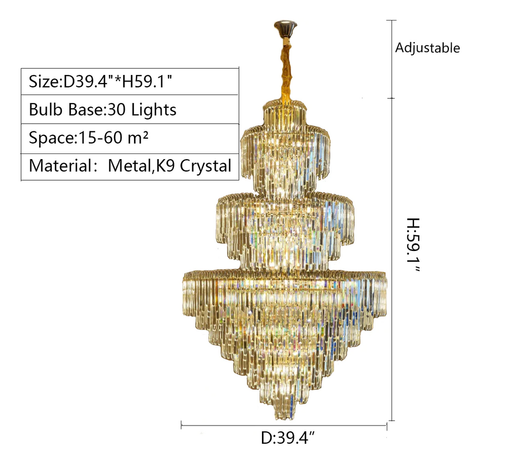 D39.4inch*H59.1inch large three tiered gold luxury crystal chandelier for villa hall/entryway/dining room/living room.hotel lobby