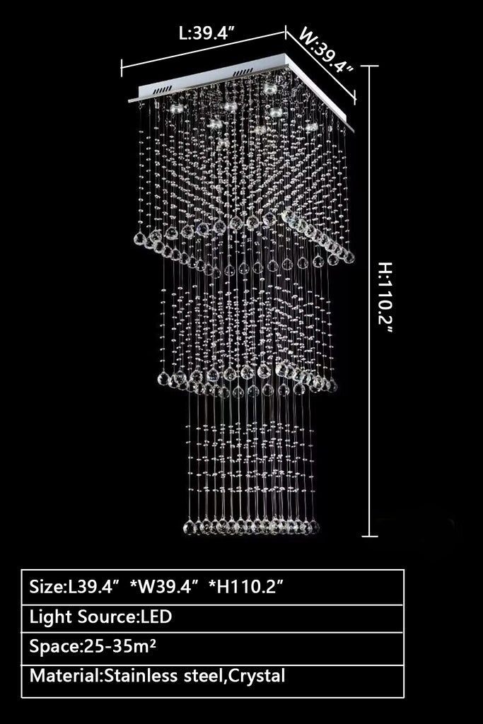L39.4"*w39.4"*h110.2"Super large Multi-tier flush mount Square long multi-layers crystal raindrop chandelier ,extra large chandelier for villa'/duplex building/loft's hallyway/living room/foyer/staircase/stairwell/entryway/entrance/dining room/ hotel lobby