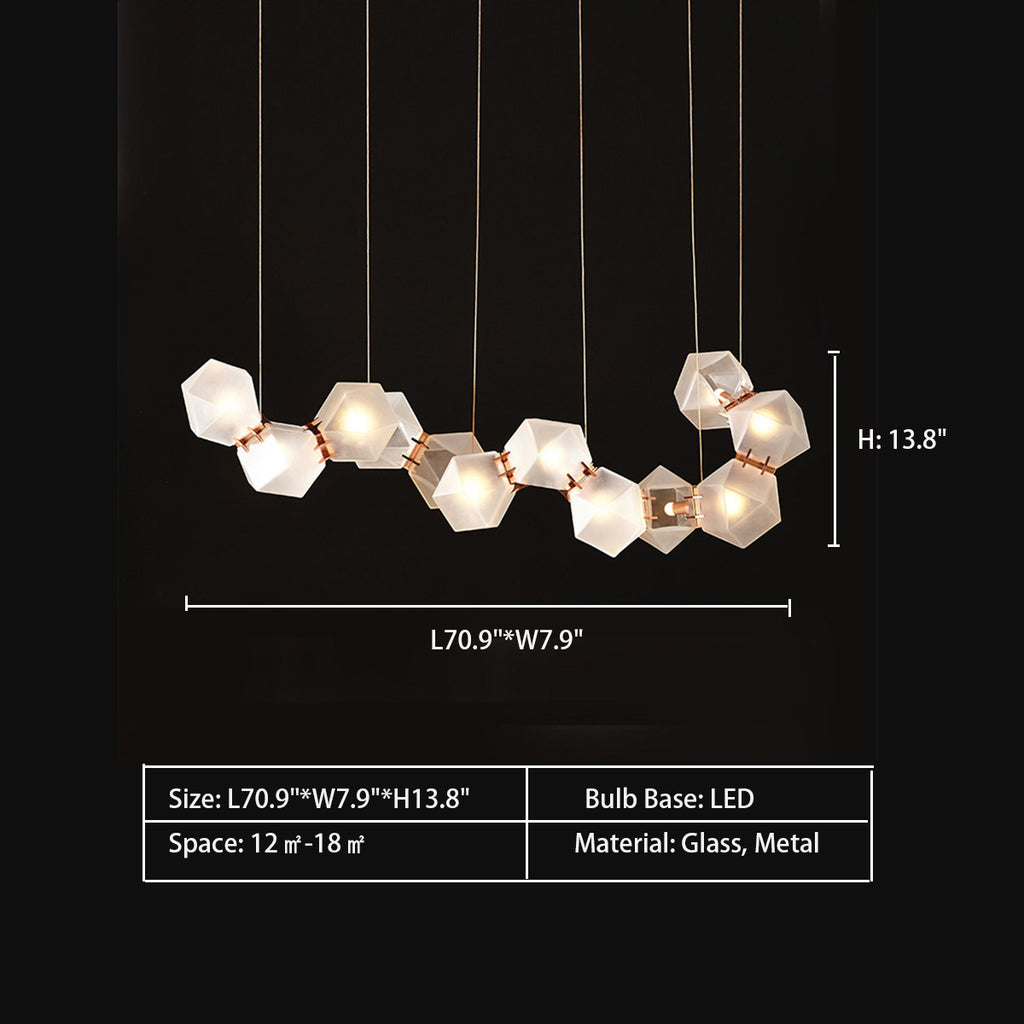 12Heads: L70.9"*W7.9"*H13.8"  Nordic Multi-Head Facet Diamond Glass Cluster Pendant Light for Dining Table/Study Desk