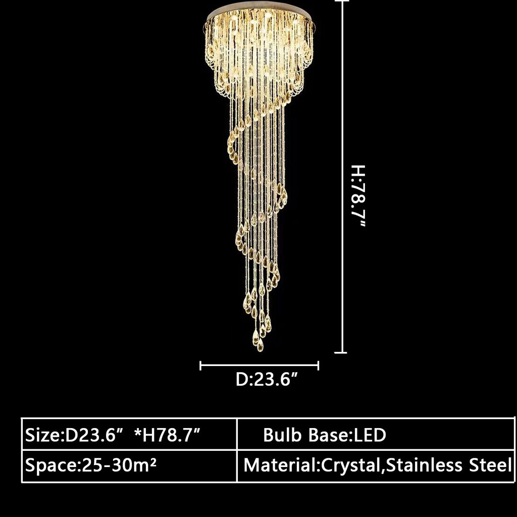 D23.6inches *H78.7inches extra large Cascade Spiral ceiling crystal long chandelier for 2-story/duplex buildings/big house/villas staircase,foyer,hallway entryway