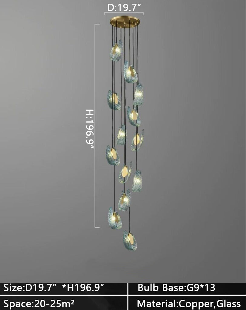 d19.7INCHES*H196.9inches Extra long 7/10/13 lights art blue chandelier copper light glass light for staircase/high-ceiling living room/foyer.2-story/loft/duplex buildings Flower Creative Bedside Pandant Chandelier Living Room Decor Background Wall Light Luxury Copper Bedroom Blue Glass Hanging Lamp