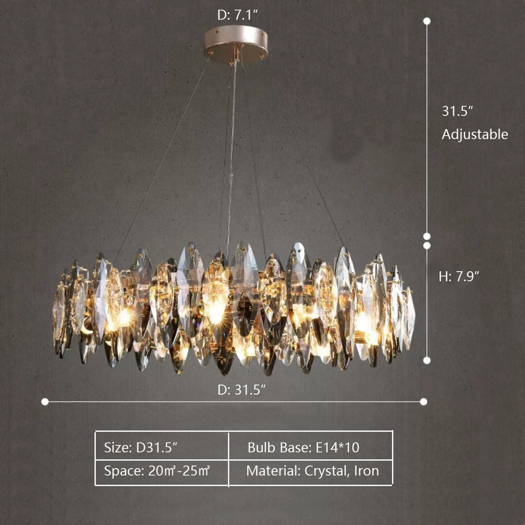 Round: D31.5"  crystal, slices, split-level, facet, light luxury, round, oval, pendant, chandelier, suit, living room, dining room, bedroom