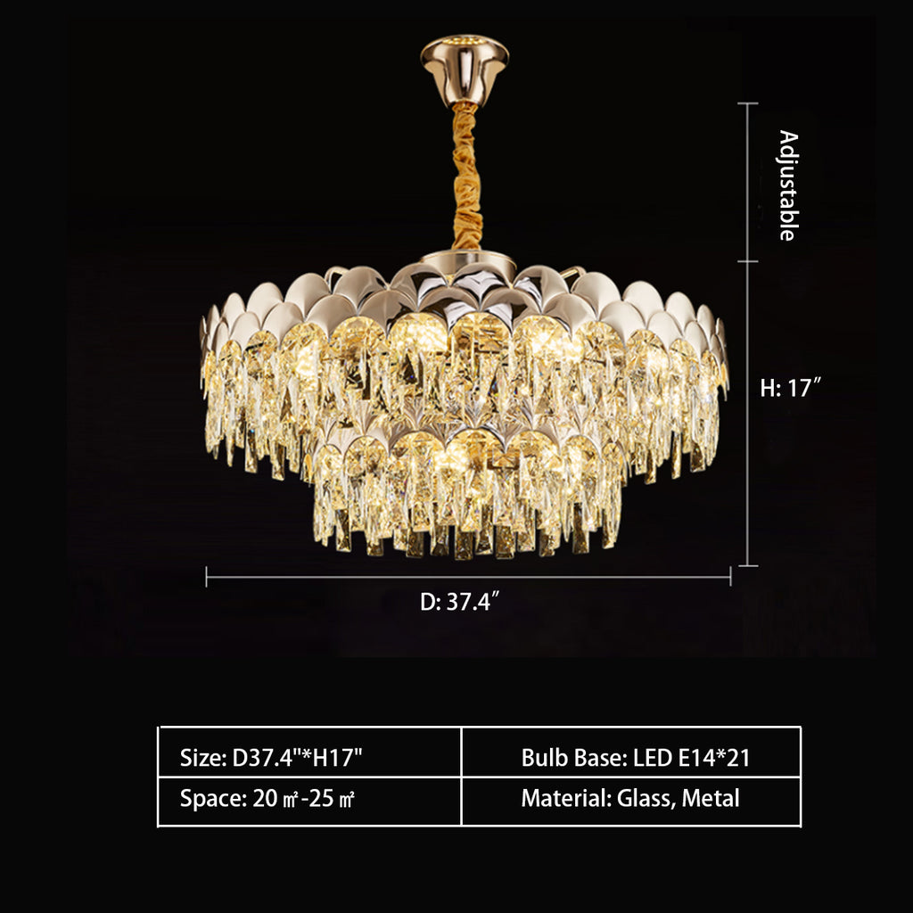 Round: 2 Layer D37.4"*H17"  Modern Floral Lace Crystal Pendant Chandelier Suit for Living Room & Bedroom Three types in this suit: single round layer--for bedroom or living room; double-tieres--for large living room; and one single oval design-- for dining table or kitchen island.