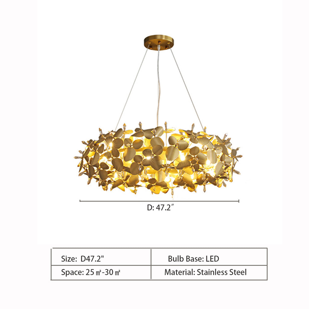 Round: D47.2"  Flower Stainless Steel Halo Chandelier  Mcqueen Round Suspension  Luxxu, Portugal  Luxurious Hollow Golden Dots Flower Cluster Pendant Chandelier for Living/Dining Room