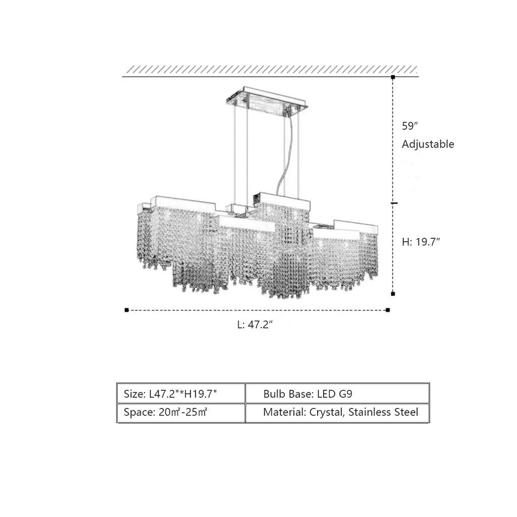 L47.2"*H19.7"  light luxury, large, modern, rectangle, crystal, pendant, dining table, bar, kitcheb island, irregular, tassel, extra large, oversized, big dining room,  long dining table, large walk-in closets, bars,  clubs and themed restaurants, chrome