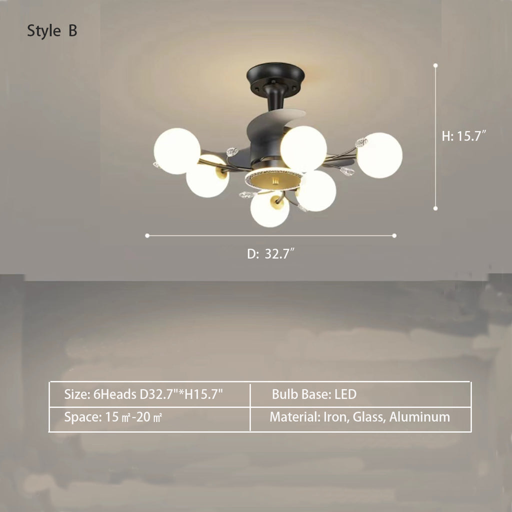 Style B: 6Heads D32.7"*H15.7"  3-Blade Branch Multi-Head Ceiling Fan Chandelier for Living/Dining Room  Iron, Glass, Aluminum  Four versions in total.  pure white and transparent starburst
