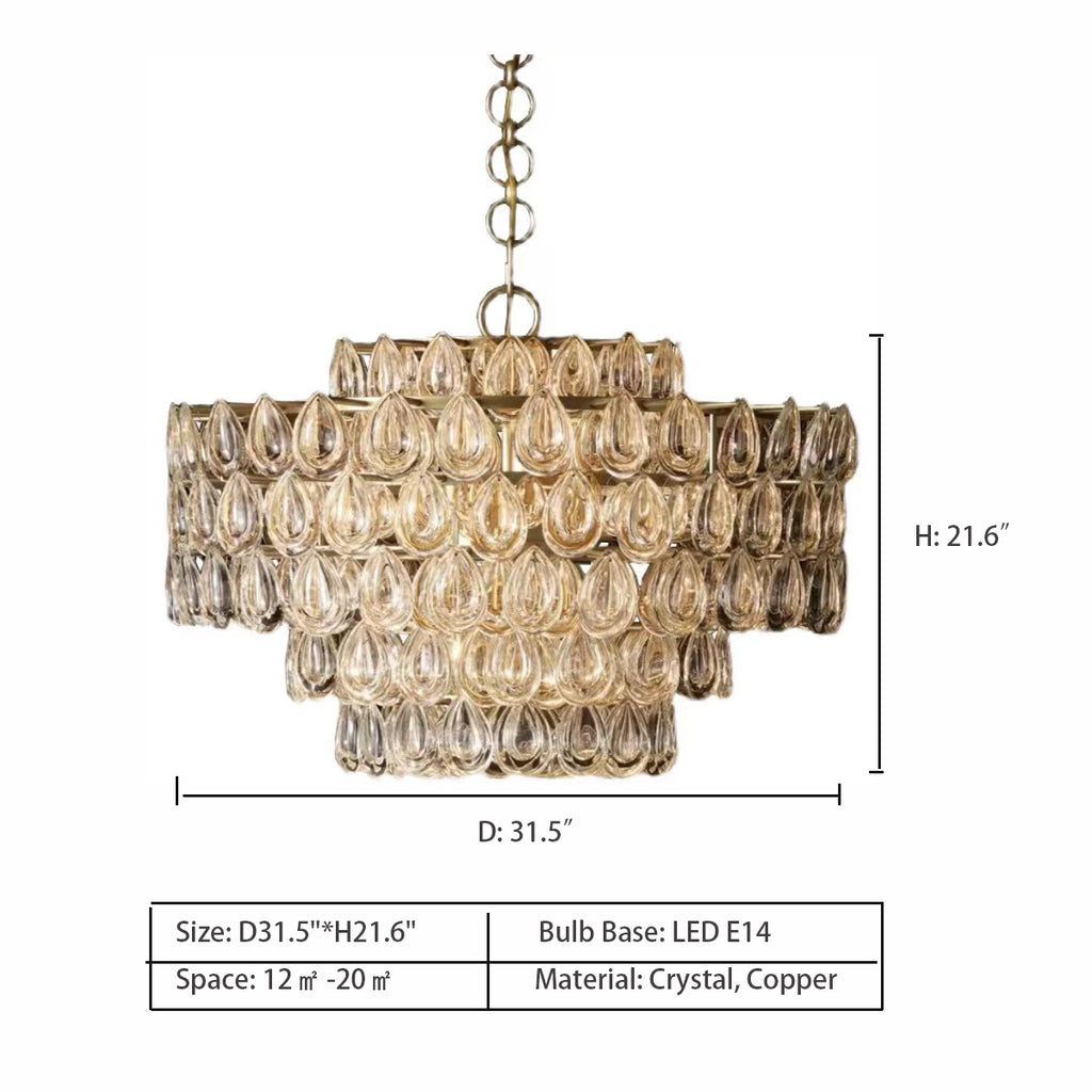 D31.5"*H21.6"  tiered, drum, retro, vintage, crystal, light luxury, gold, chrome, pendant, copper, living room, bedroom, round dining table, raindrop, teardrop