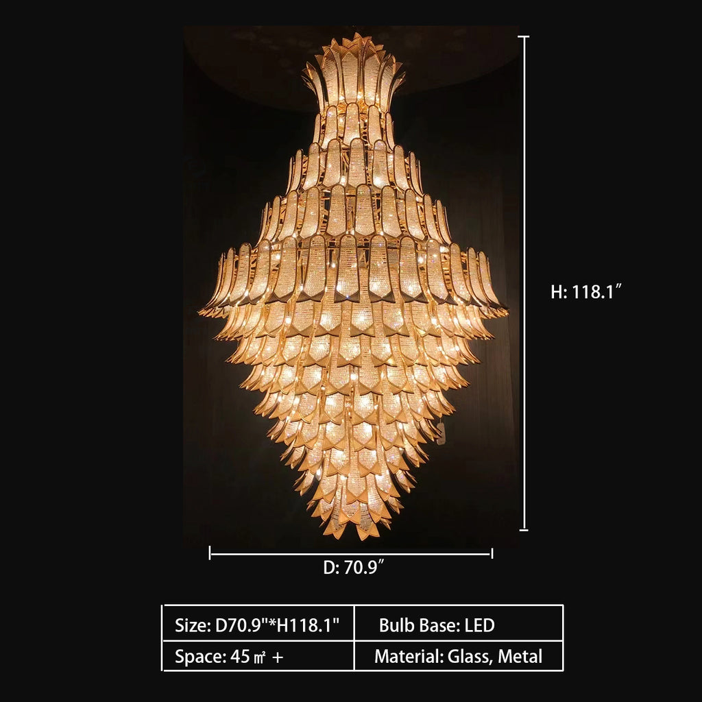 D70.9"*H118.1"  Sculptural Clear and Amber Murano Glass Petals or "Selle" Drop Chandelier, Italy   extra large, oversized, light luxury, gold, tiered, pendant, chandelier, for large space, high-ceiling room, two-story living room, loft, villa, duplex, hotel lobby