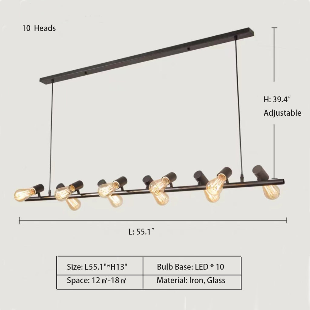 10Heads: L55.1"*H13"  Oversized Nordic Minimalist Linear Multi-Head Black Pendant Light for Dining Area