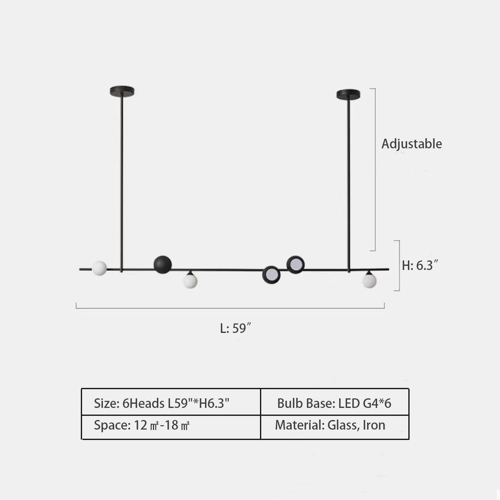 Linear: 6Heads L59"*H6.3"  Large Nordic Minimalist Iron Ring Glass Light Chandelier for Living/Dining Room  classic black, loop, ring, wreath, garland, oversized, extra large