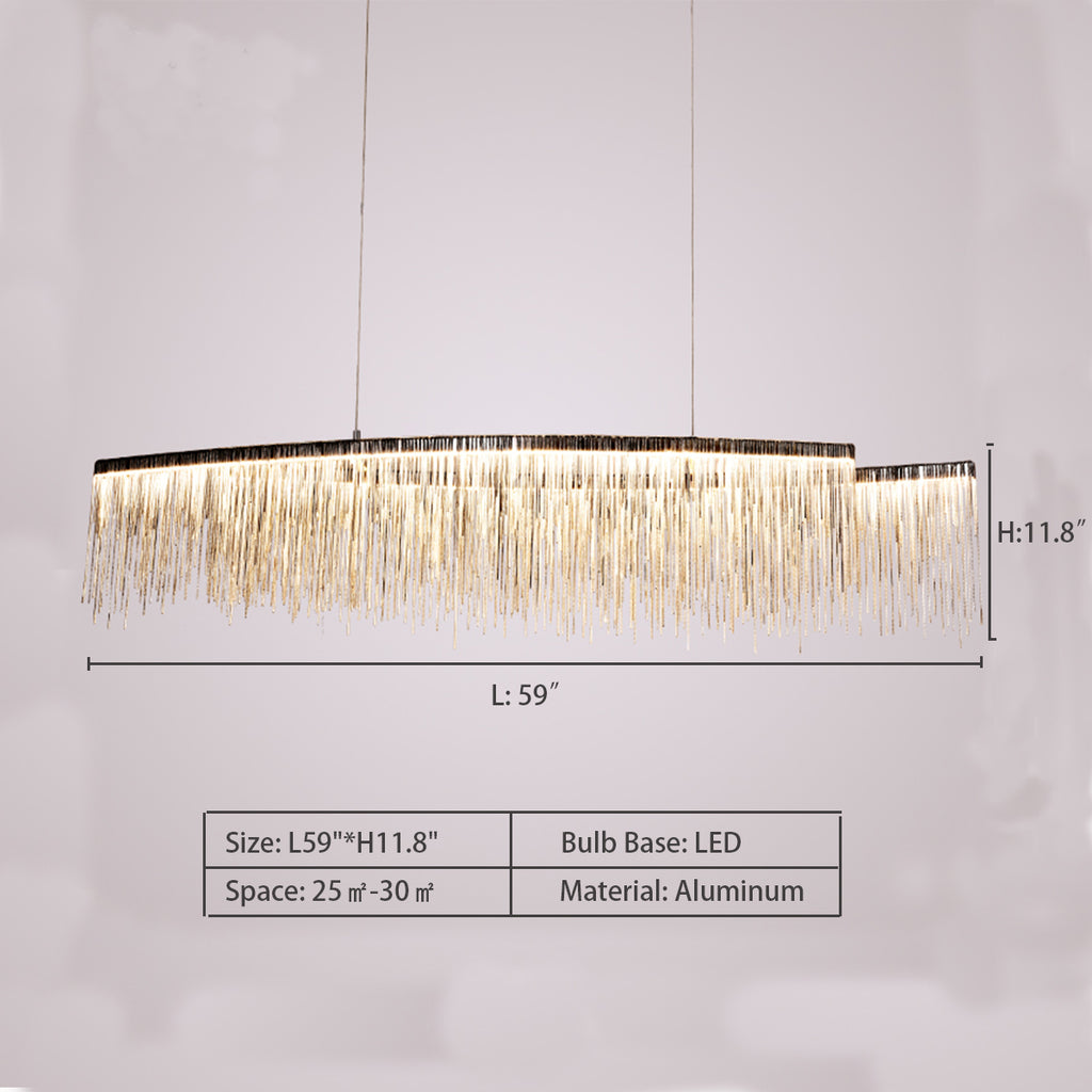 L59"*H11.8"   7PM Modern Linear Chandelier Tassels Chrome Chain Pendant Light Contemporary Lighting Fixture for Dining Room Kitchen Island 