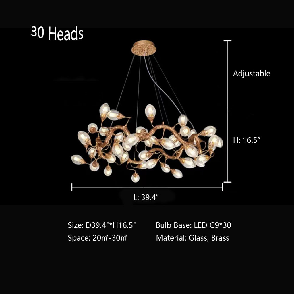 30Heads: D39.4"*H16.5"  oversized, extra large, round, loop, clear seedy glass, branch, brass, pendant light, large dining room,bedroom, living room, home office , dinosaur egg