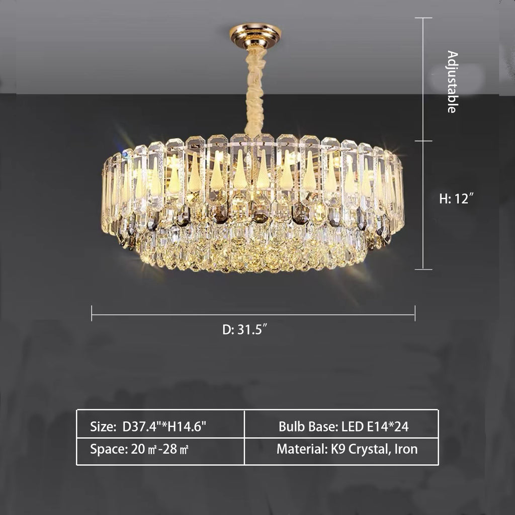 Round: D37.4"*H14.6" Oversized Transparent Crystal Tiered Chandelier Suit for Living/Dining Room/Bedroom