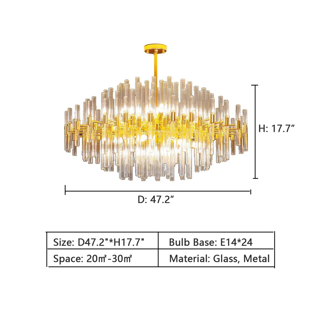 Round: D47.2"*H17.7"  modern, glass, rod, drum, tiered, chandelier, suit, round, oval, living room, dining room, bedroom, dining table