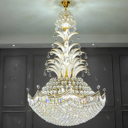 Large Luxury Sago Palm Tree Shape Golden Crystal Chandelier Unique Light Fixture for High Ceiling/ Foyer Staircase/ Duplex/ Villa Entryway