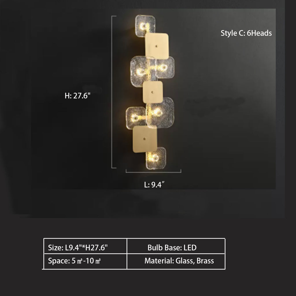 Style C: 6Heads L9.4"*H27.6"  Exquisite Glass Square Collection Wall Light in Brass Finish for Bedside/Living Room   Glass, Brass