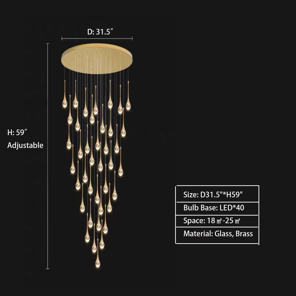  Round: D31.5"*H59" long, gold, glass, brass, raindrop, pendant, round, linear, rectangle, staircase, living room, kitchen island, bar, high-ceiling room