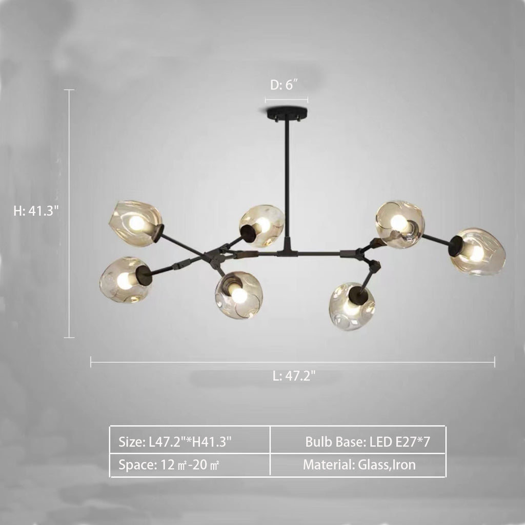 7Heads: L47.2"*H41.3"  Modern Trendy Branch Multi-Head Glass Chandelier for Living/Dining Room  extra large, oversized,  smoky grey, cognac, jade green   classic black and luxurious gold  