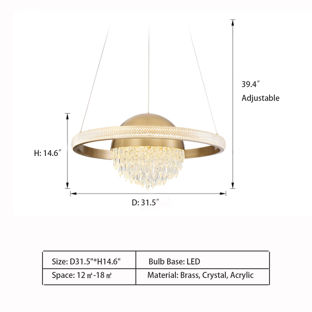 D31.5"*H14.6"  Art Crystal Orbit of Planet Pendant Chandelier in Brass Finish for Dining Room  Brass, Crystal, Acrylic