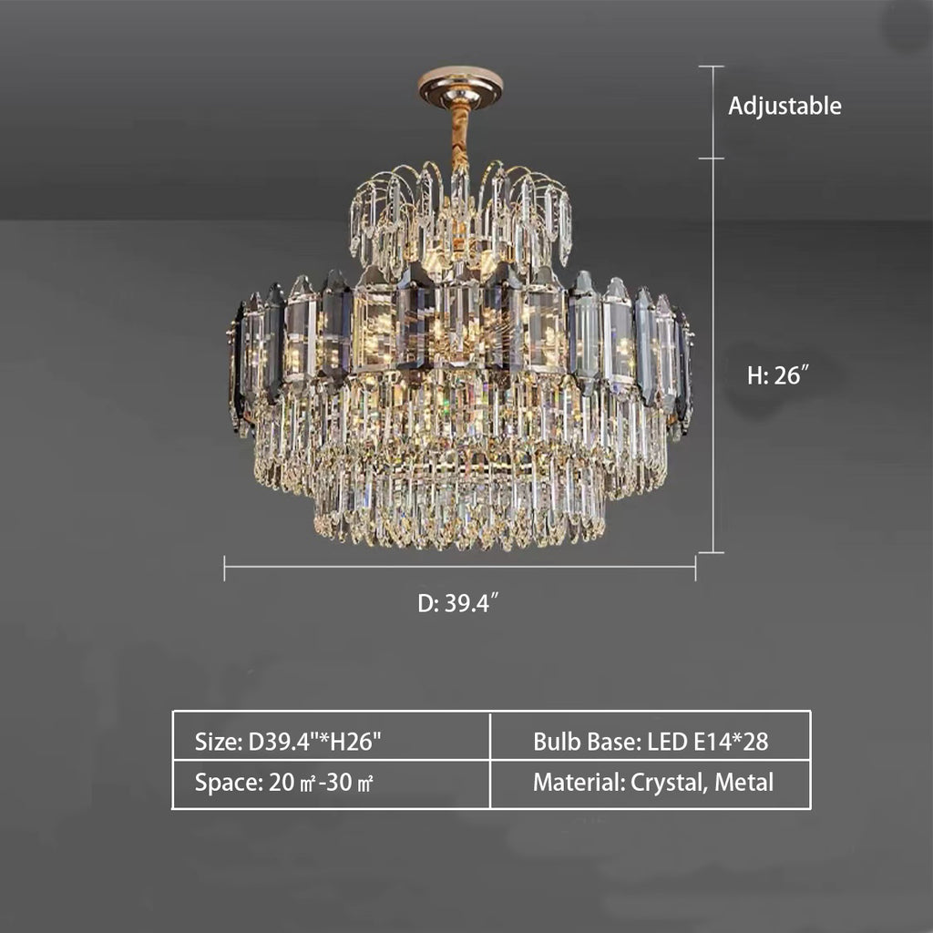Round: D39.4"*H26"  Light Luxury Smoky Gray Tiered Crystal Chandelier Suit for Living/ Dining Room/ Bedroom  Metal