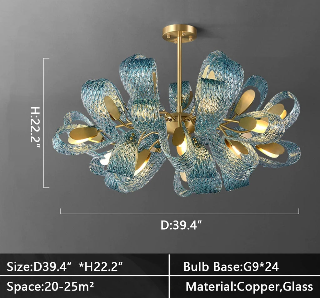 D39.4inches*H22.2inches 24 Lights Extra large art blue chandelier copper light glass light for staircase/high-ceiling living room/foyer.2-story/loft/duplex buildings Flower Creative Bedside Pandant Chandelier Living Room Decor Background Wall Light Luxury Copper Bedroom Blue Glass Hanging Lamp