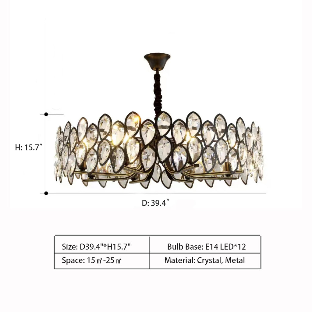 Round: D39.4"*H15.7"   LODFJDS Decor Hanging lamp, LED Chandeliers, Branch-Shaped Led Restaurant Bedroom Living Room Study Staircase European-Style Simple European Gold Round Crystal Chandelier (Color : Blackd80cm)  LUCINDA LUXURY ROUND CRYSTAL CHANDELIER. CODE: CHN#447LUC0023