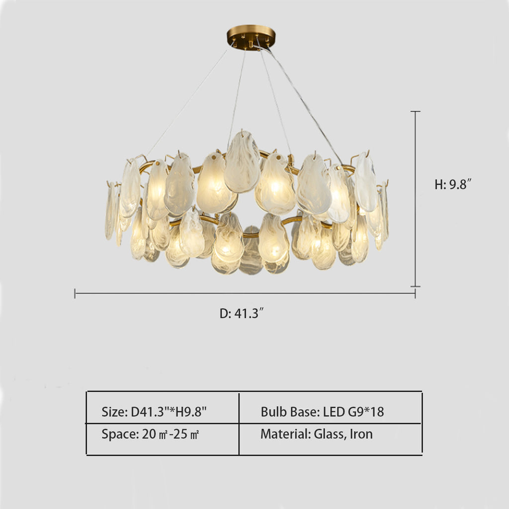 Round: D41.3"*H9.8"  Art Cloud Glass Shell Suspension Chandelier Suit for Living & Dining Room   Available in two versions of lampshades: white cloud and smoky gray. 