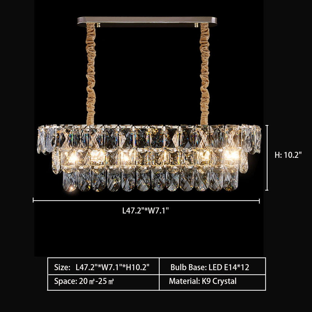12Heads: L47.2"*W7.1"*H10.2"  Extra Large Light Luxury Tiered Crystal Rectangle Chandelier for Dining Area  long dining table,  kitchen island,
