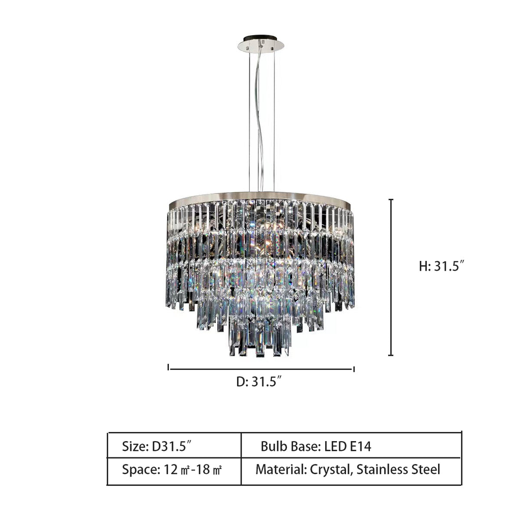 D 31.5"  Light Luxury Modern Fashion Tiered Crystal Pendant Chandelier for Living Room/Bedroom  Stainless Steel