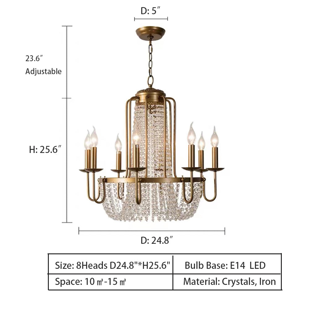 8Heads: D24.8"*H25.6"   Vintage Crystal Candle Chandelier in Old Gold Finish for Living/Dining Room/Bedroom  European Candle Brass Light Luxury Art Crystal Chandelier Traditional Retro Decorative 6/8/12 Lights For Dining Room/Living Room/Foyer