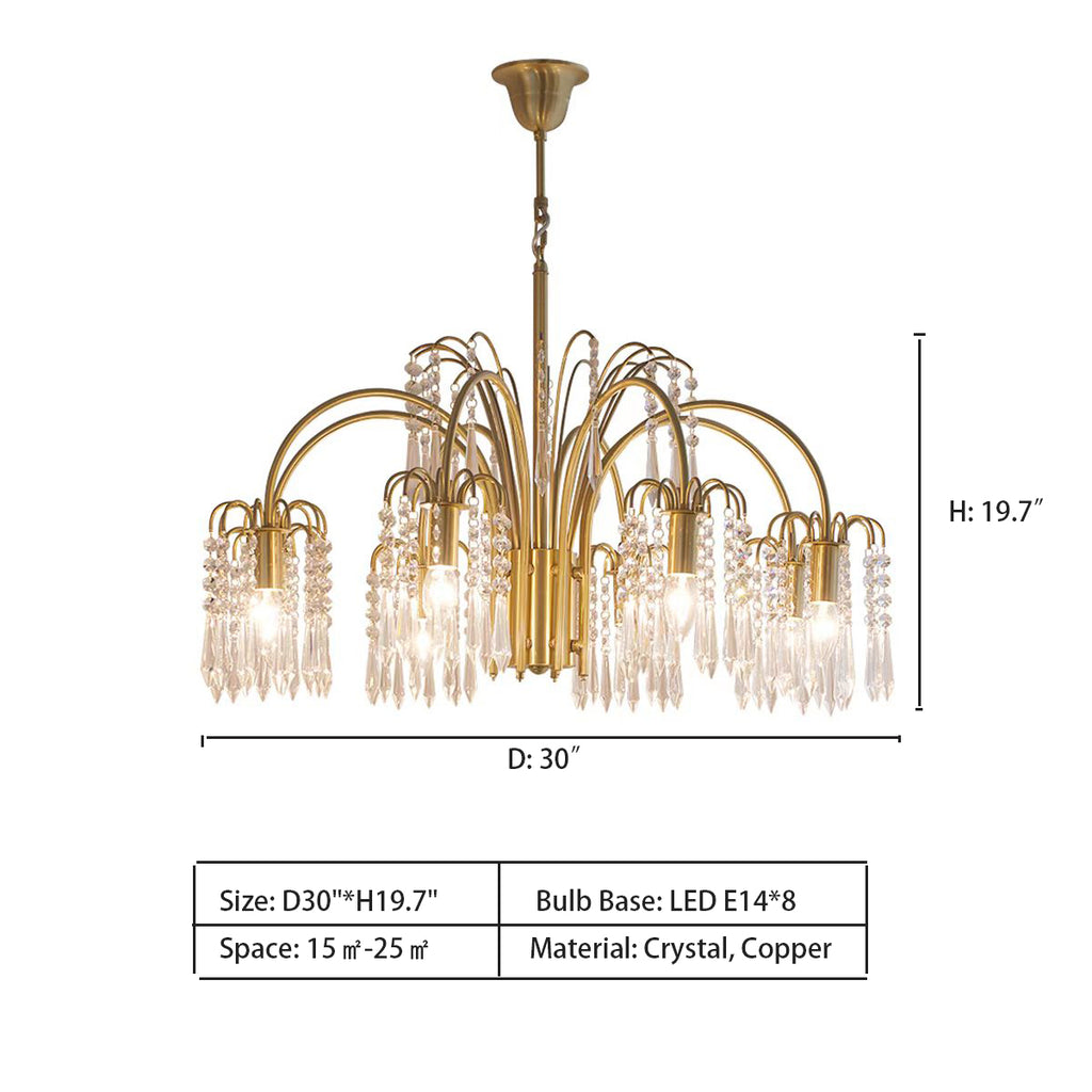 8Heads: D30"*H19.7"   Brass Crystal Chandelier Lighting Modern Branches Chandeliers Ceiling Light   Light Luxury Pure Copuer Branch Candle Crystal Pendant Chandelier for Living/Dining Room