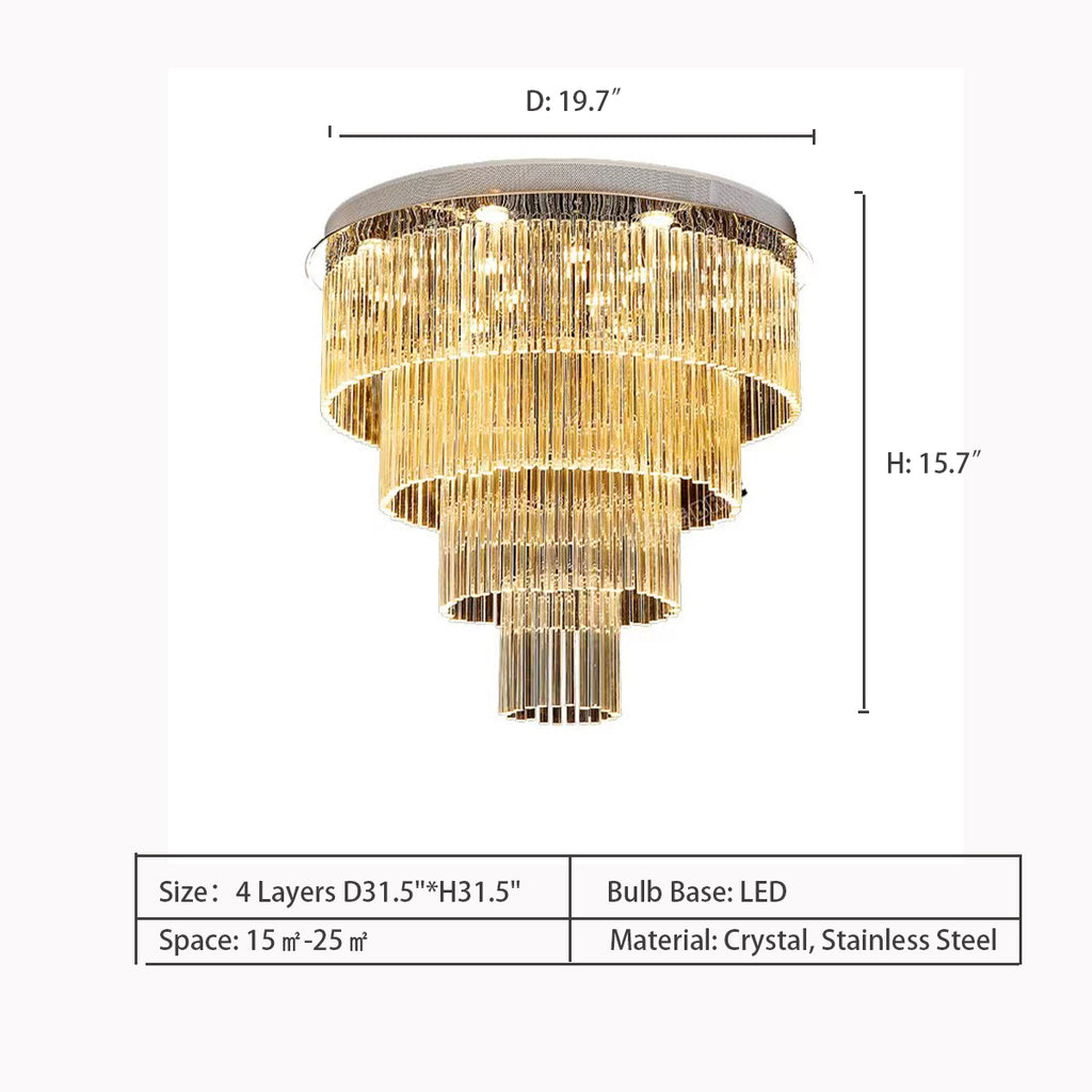 4 Layers: D31.5"*H31.5"   flush mount, extra large, multi-layer, tiered, crystal, chandelier, large living room,  