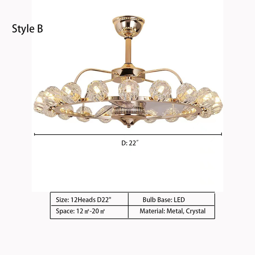 Style B: 12Heads D22"   Multi-Head Wreath Invisible Fan Blade Chandelier for Living/Dining Room  Remote Control Included