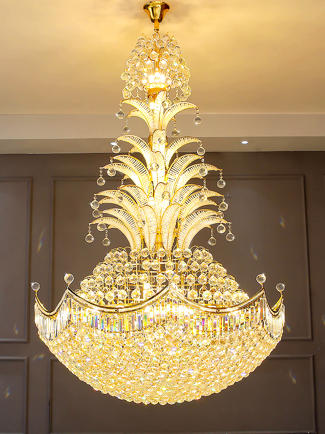 Large Luxury Sago Palm Tree Shape Golden Crystal Chandelier Unique Light Fixture for High Ceiling/ Foyer Staircase/ Duplex/ Villa Entryway