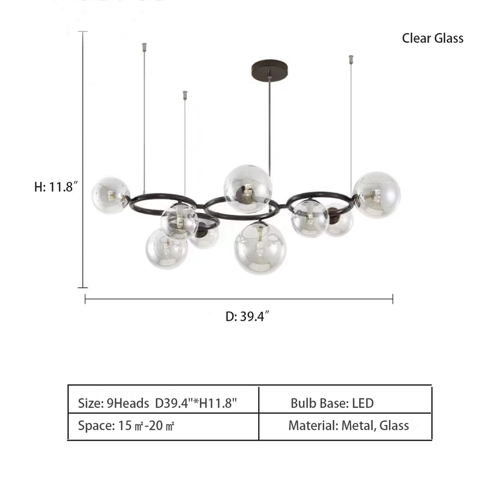 9Heads: D39.4"*H11.8"   Nordic Minimalist Multi-Head Transparent Glass Sphere Pendant Chandelier for Living/Dining Room   somky grey, cream white and clear glass  Puppet Ring Pendant by Romani Saccani Architetti Associati for Vistosi
