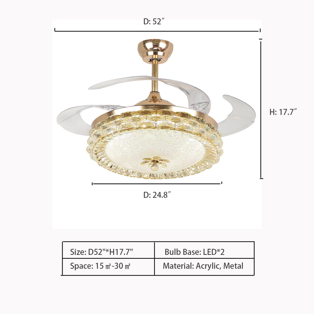 D52"*H17.7"    4-Blade Invisible Fan Crystal Drum Pendant Chandelier for Living/Dining Room   modern, drum, round, remote control, bedroom