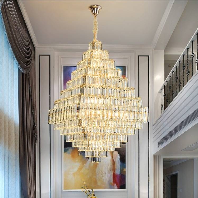 extra large crystal 2-story foryer / high ceiling living room / big hallway/ hotel entryway light fixture luxury modern stunning golden chandelier