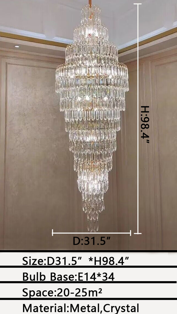 D31.5INCHES*H98.4INCHES extra large tiered crystal chandelier super long foyer/staircase crystal light for 2-story/duplex building/big house/villas/apartment