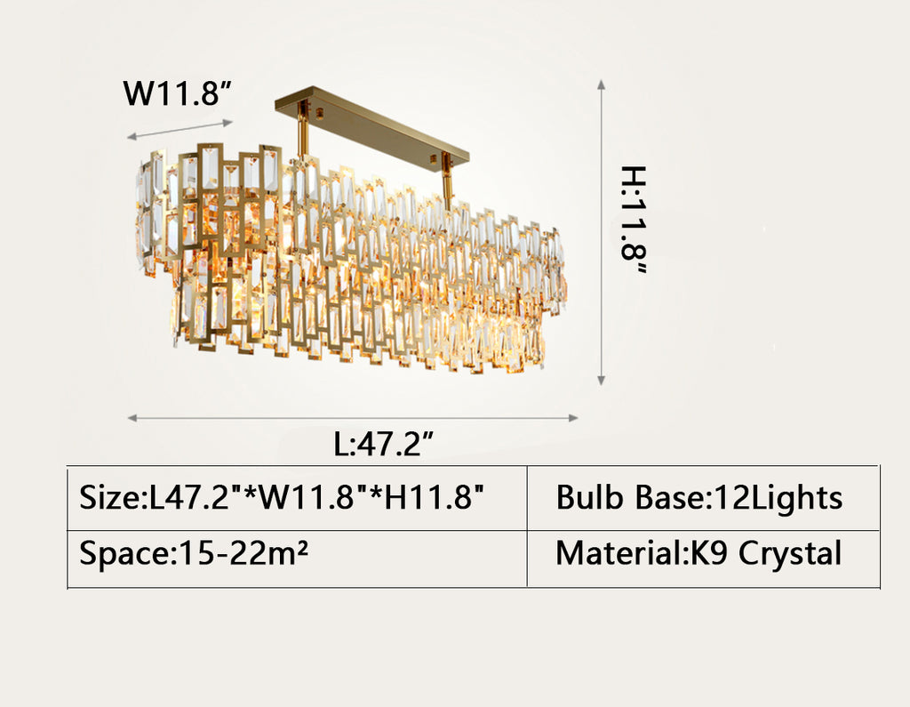 Rectangle: L 47.2"*W 11.8"*H 11.8"  light luxury, semi-flush mount, k9 crystal, modern, gold, pendant, dining table