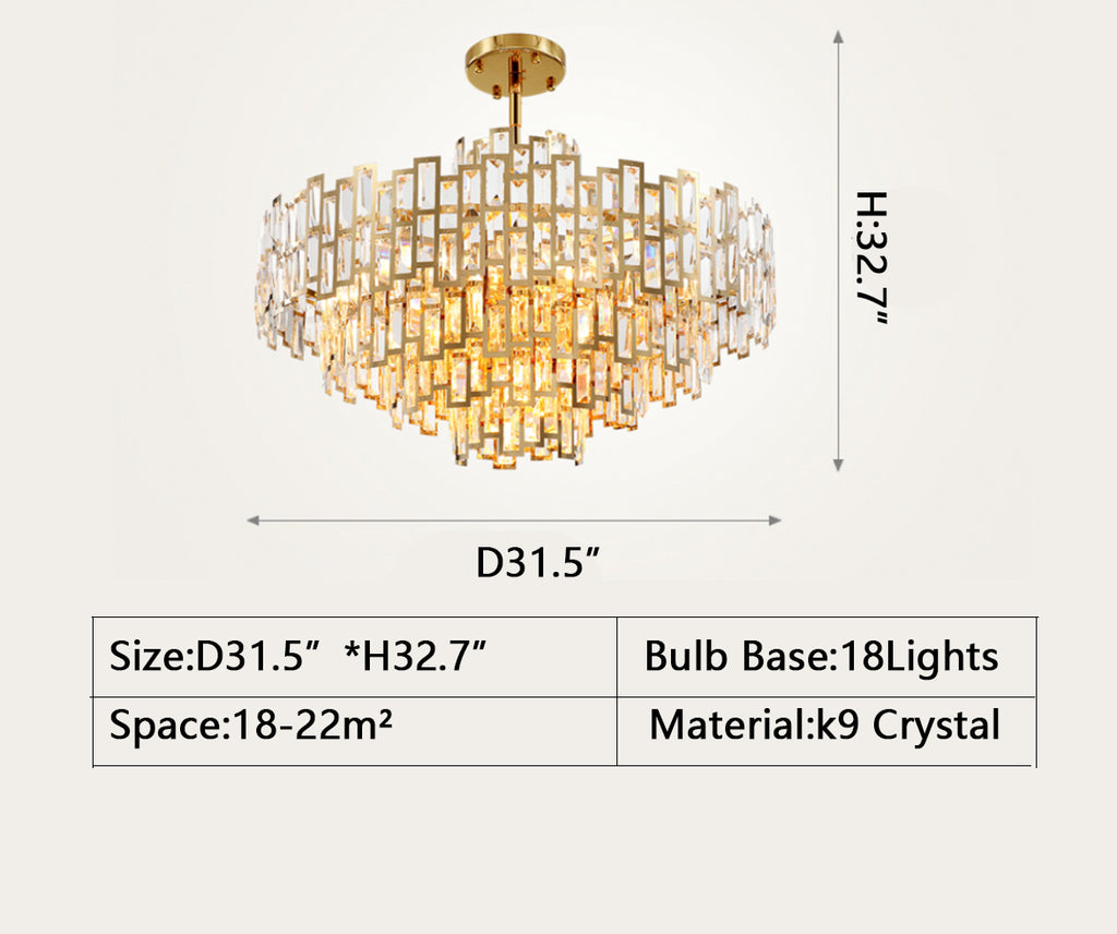 Round: D 31.5"* H 32.7" semi-flush mount, gold, tiered, modern, bedroom