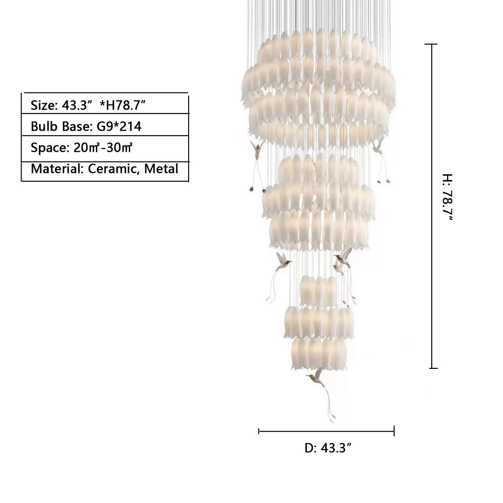 9Layer: 214Heads D43.3"*H78.7"  sagarti, white, tiered, ceramic, tulip, bird, pendant, loft, duplex,  living room, staircase, villa