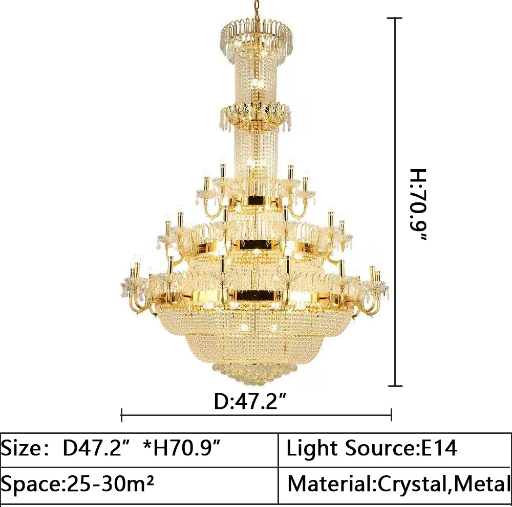 D47.2"*H70.9" Oversized/extra large multi-layers gold luxury crystal chandelier for villas/duplex buildings/loft/ high-floor buildings living room/foyer/staircase/entryway/entrance.hotel lobby/hall,restaurant,coffee shop,cafe and shopping mall center.