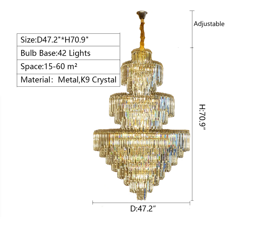 D47.2inch*H70.9inch very huge three layers ceiling crystal chandelier for foyer/duplex house stairwell/entrance hotel 