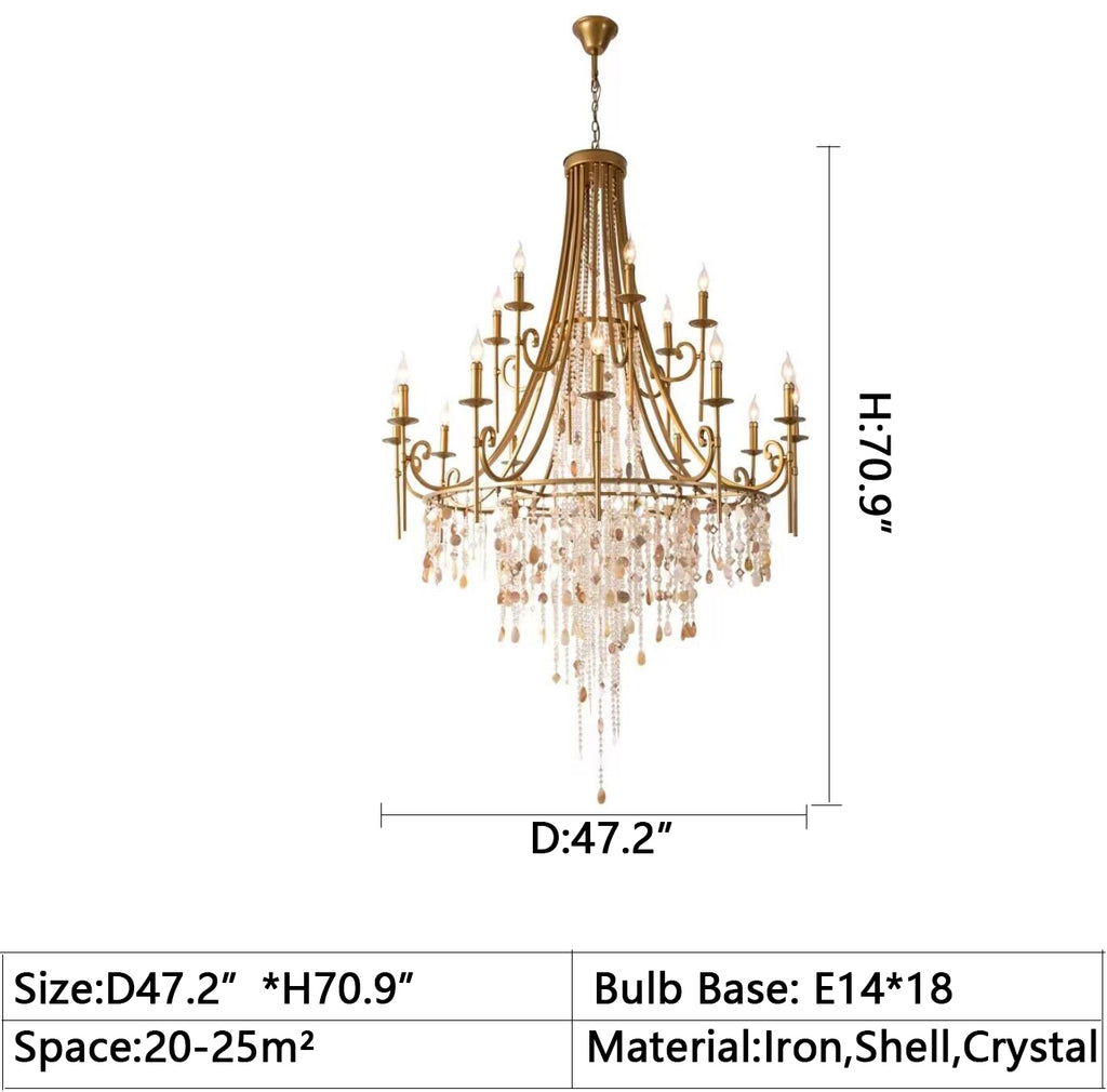 D47.1"*H70.9"  EXTRA large 2023 New American Vintage Iron Candle Crystal Chandelier,Fashion Shell Shape Staircase Foyer Lighting