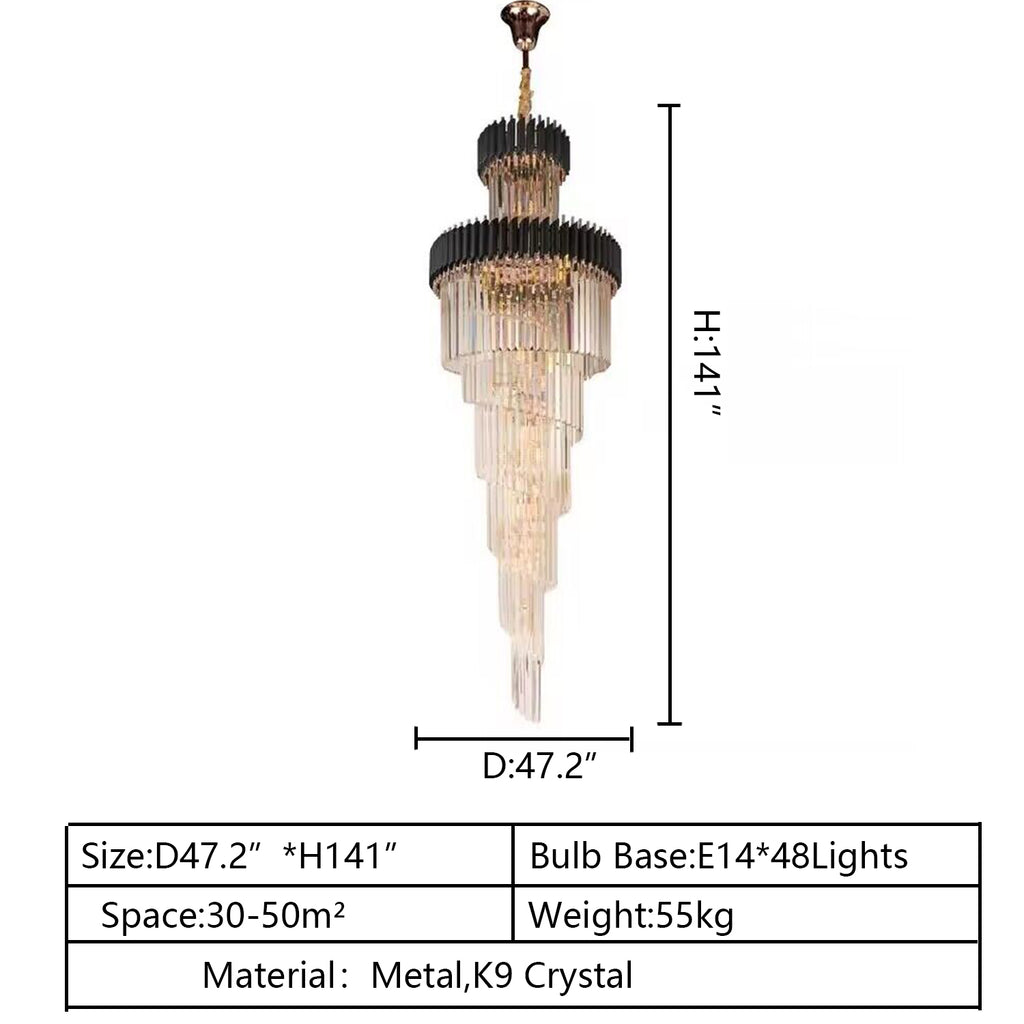 d47.2"*h141" OVERSIZE Extra large super long crystal chandelier staircase sprial light fixture black and gold light chandelier for villas/duplex buildings/loft/big house/foyer/stairwell/entryway decoration or Hotels, restaurants, churches shopping mall center /