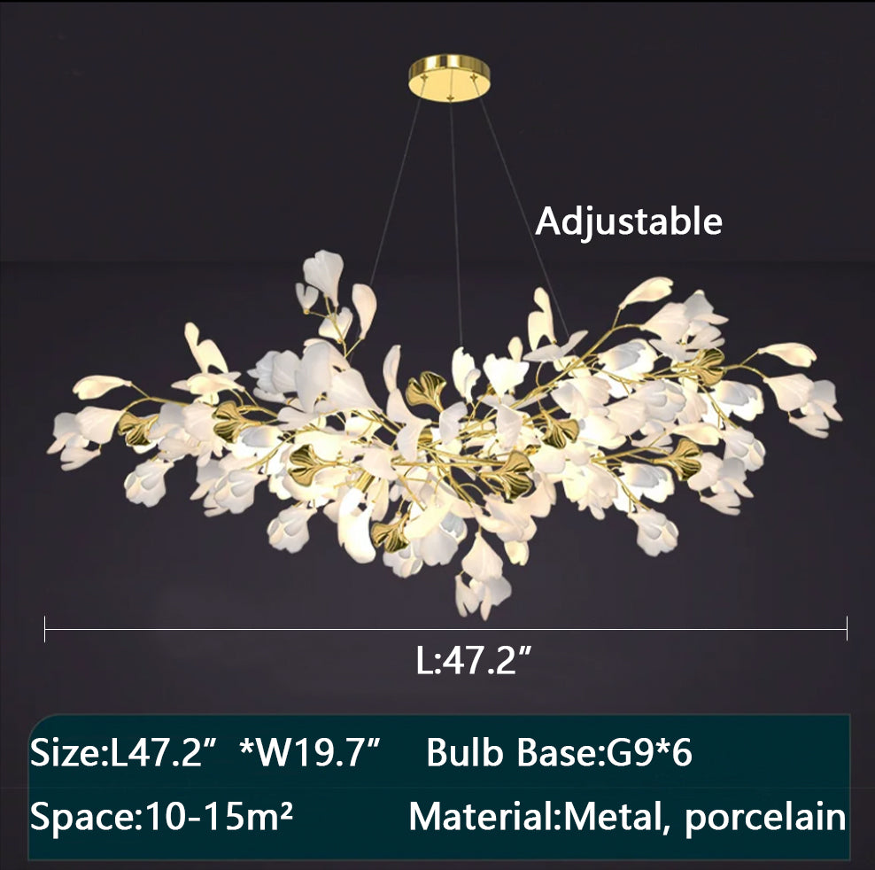 L47.2"*W19.7" modern Small ginkgo leaf chandelier porcelain light fixture for living room/dining room/dining table/coffee shop/coffee table/cafe/bar...
