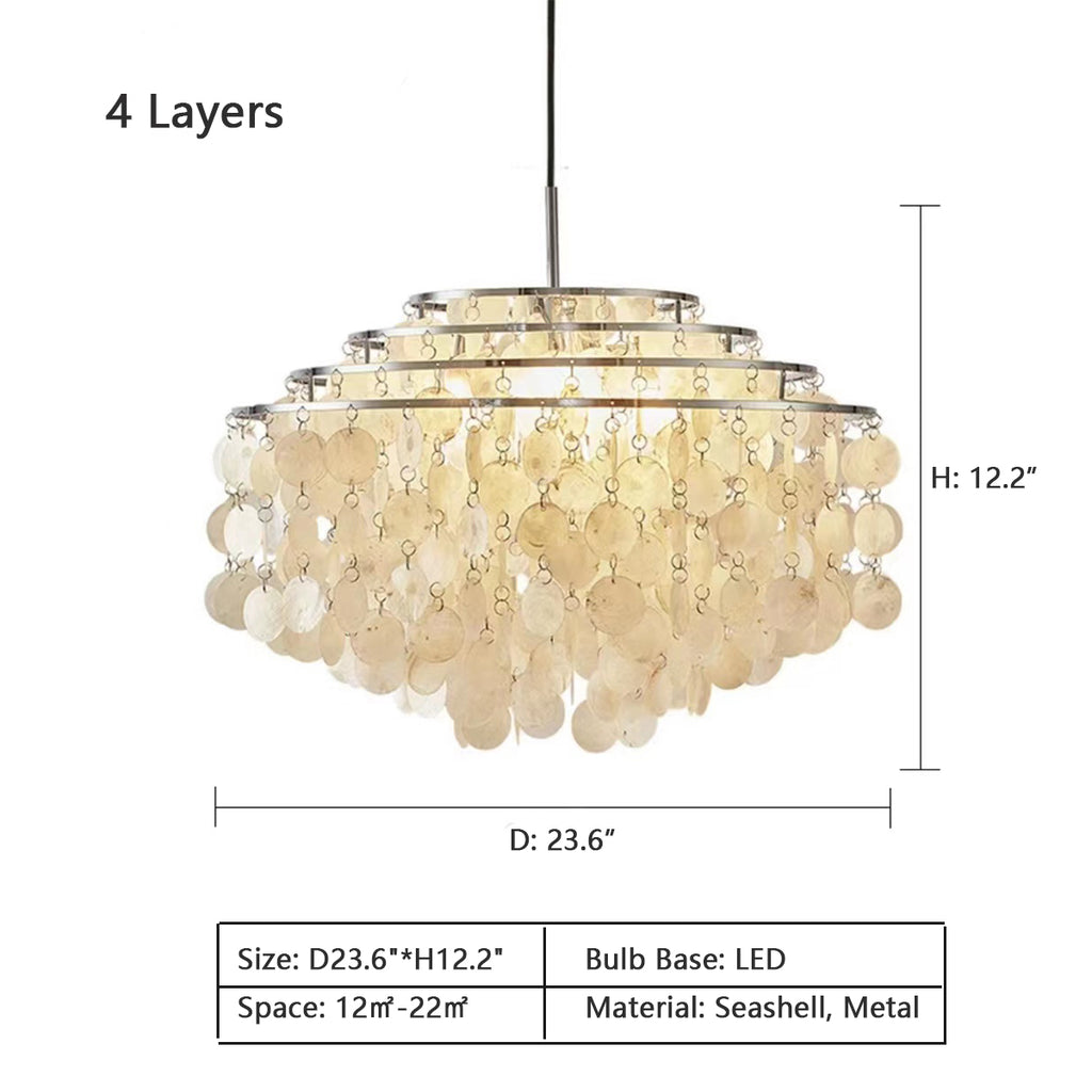 4Layers: D23.6"*H12.2"  tiered, chrome, seashell, boho, bohemia, natural, wind chime, chandelier, living room, dining table, bedroom
